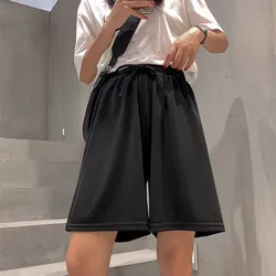 Summer Ice Silk Loose Women's Shorts Casual Straight Short Pants High Waist Elastic Wide Leg Knee Length Shorts Simple Pant New