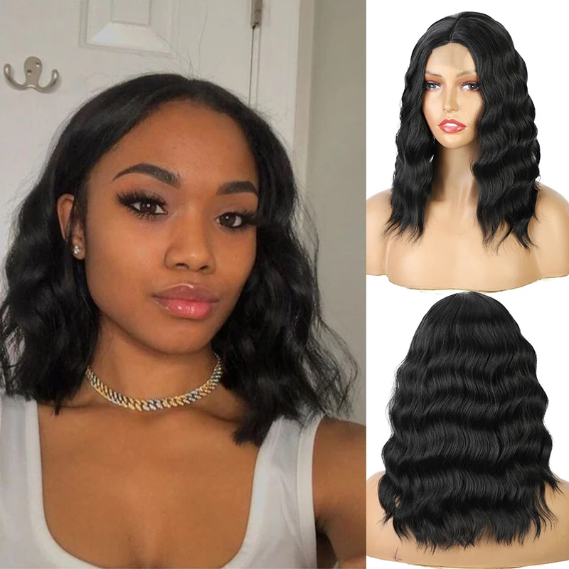 Synthetic Wavy Bob Wigs for Women Short Natural Wave Middle Part Hair Wig 14 Inch Blonde Curly Wavy Wig For Cosplay Daily Use