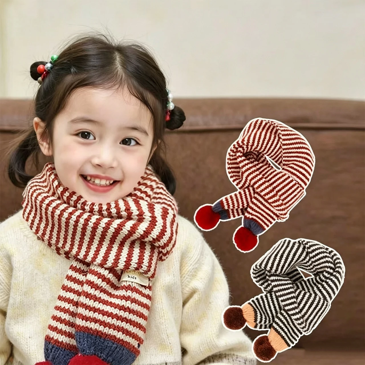 Fashion Striped Kids Neck Warmer Winter Thicken Woolen Warm Children Scarf Pompom Baby Knit Scarves Boys Girls Neckerchief Gift