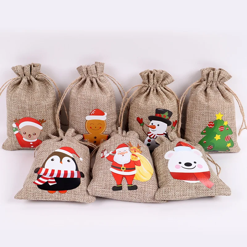 24pcs 10x15cm Christmas Burlap Bags Santa Claus Jewelry Packaging Bags Wedding Party Decoration Snowman Candy Gift Drawable Bags