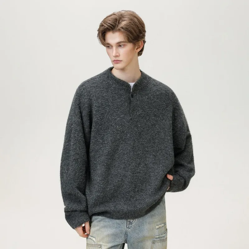 Men Heavyweight Loop Yarn Henley Neck Sweater Autumn Winter Oversized Vintage Casual Knit Pullover