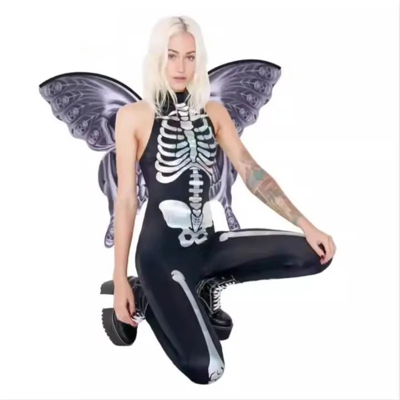 Flowing Skull Print Party Dress Halloween New Cloak Butterfly Wings Dance Decoration