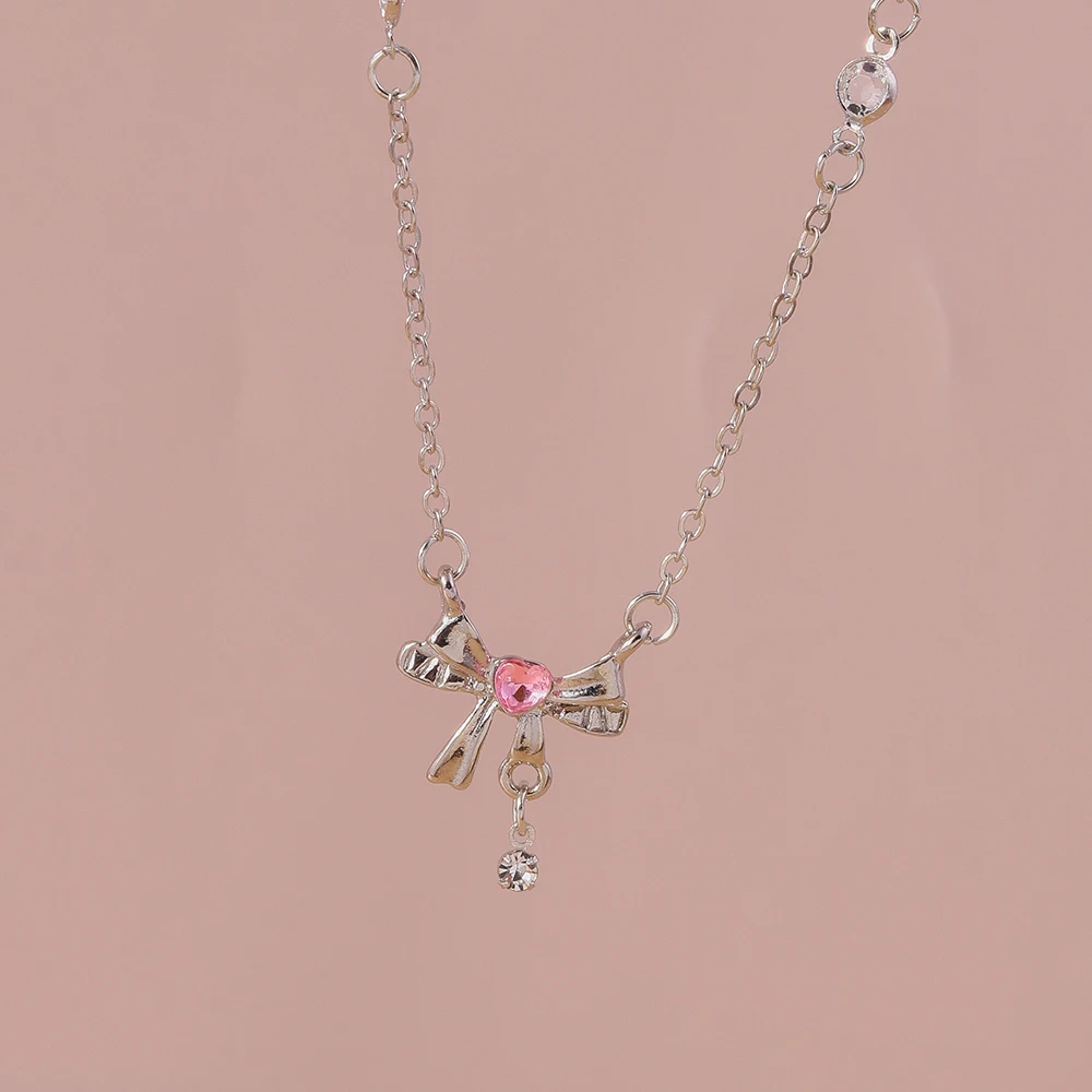 Aihua Neue Mode Trendy Y2k Kristall Rosa Zirkon Herz Anhänger Halskette Für Frauen Mädchen Süße Bowknot Halskette Partei Schmuck – Detail 9