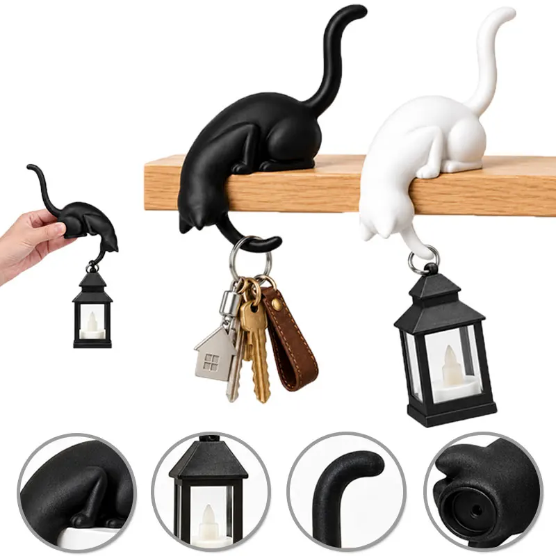 Lighting Up Funny 3D Printed Cat Inverted Hanging Ornament Hook, Cute Cat Figurine Hook for Pet Lover Keys Home Decor Cat