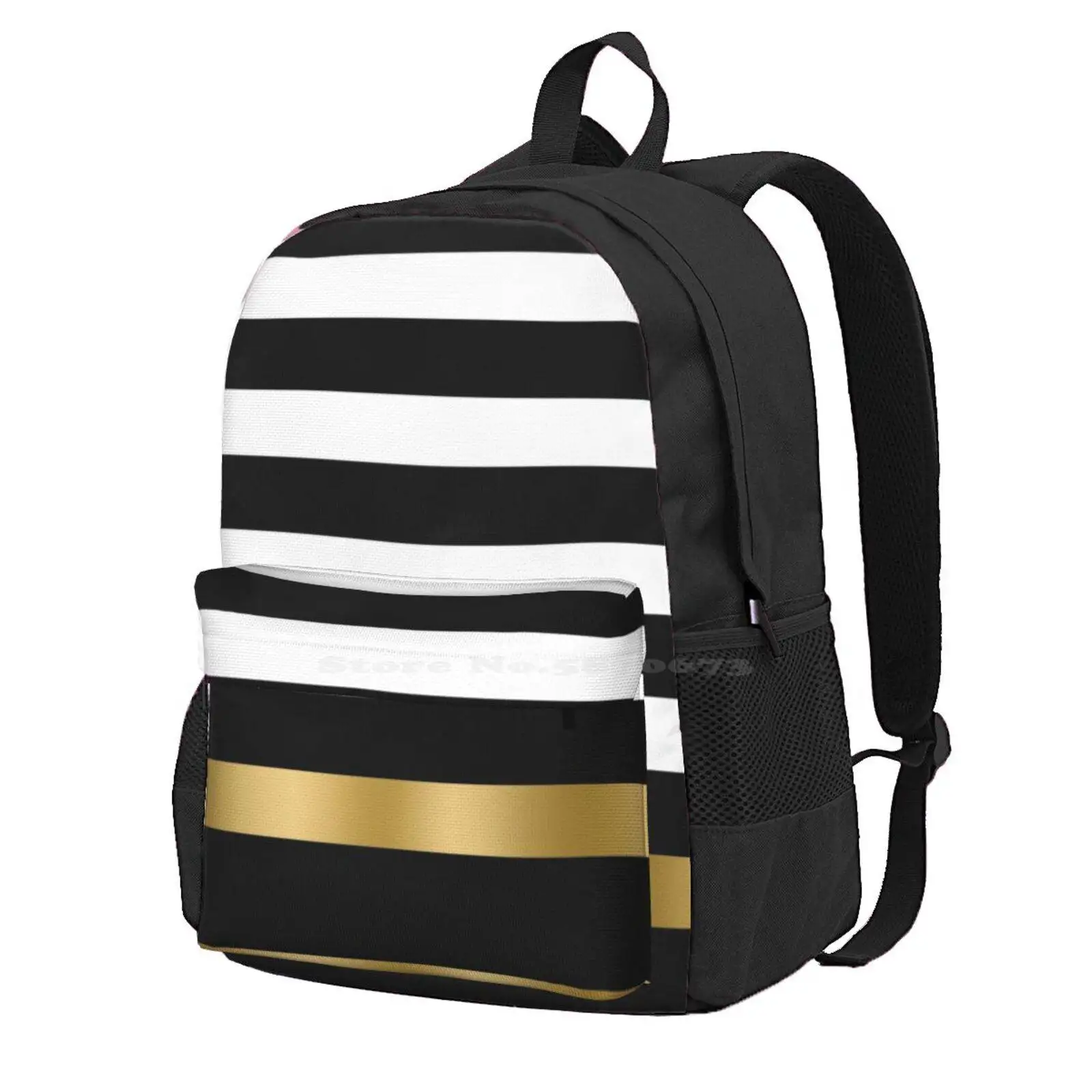 Black White And Gold Stripes Hot Sale Schoolbag Backpack Fashion Bags Black White Gold Stripes Geometric Horizontal Pattern