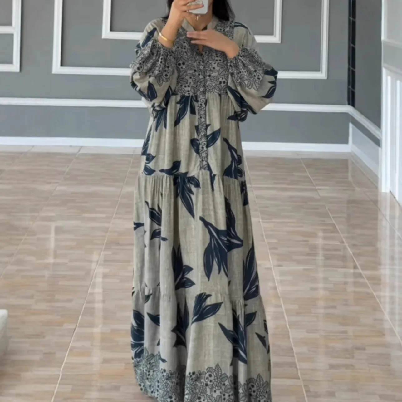 

2025 Women's Fashion Digital Print Long Sleeve Shirt Collar Long Dress Loose Retro