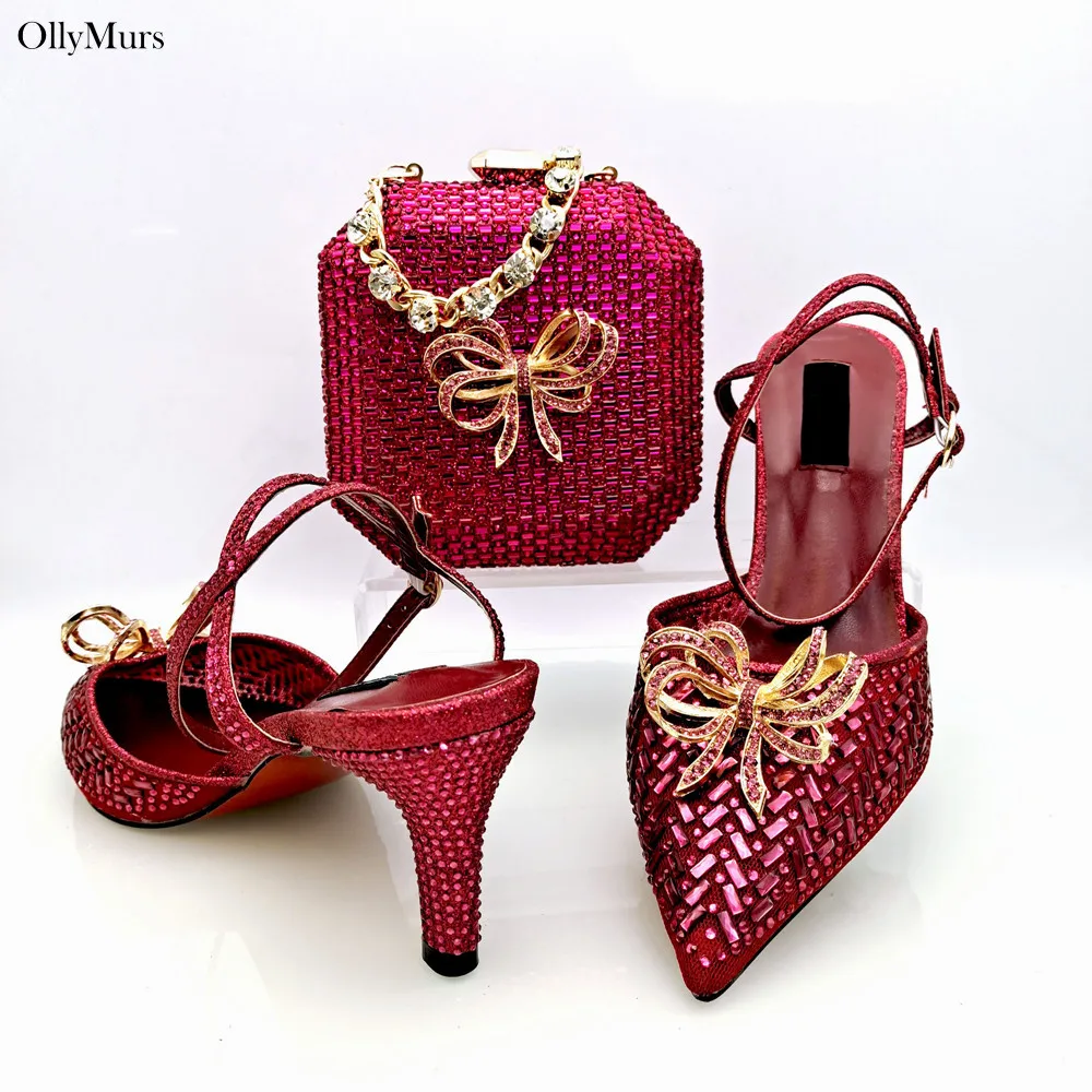 

High Quality Fashion High Heels Shoes And HandBag Set Italian Style Crystal Party Shoes And Matching Bag Set For Ladies Dress