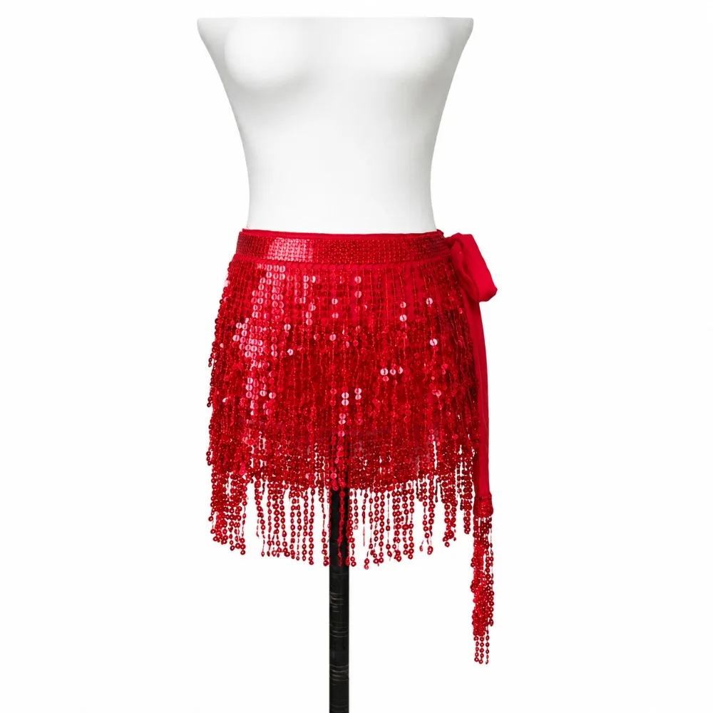 Sparkly Women's Sequin Tassel Skirt Three Layer Fringe Trim Bikini Cover Up Skirt Adjustable Tie Waist Belly Dance Hip Scarf