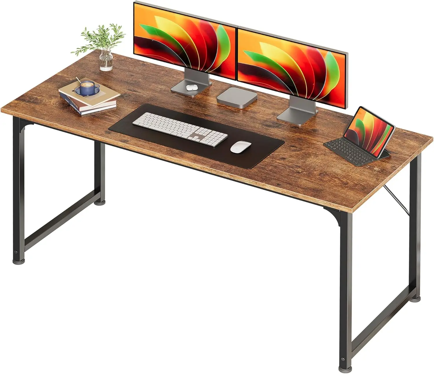 

55 Inch Computer Desk, Gaming & Work from Home Desk, Sturdy Metal Frame, Modern Rustic Brown