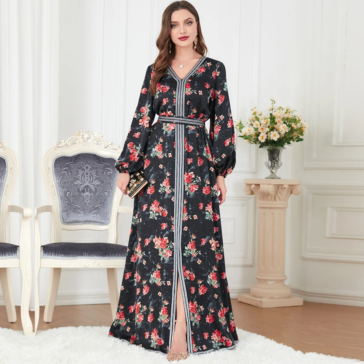 

Elegant V Neck Floral Print Dress Ladies 2023 Spring Long Sleeve High Waist Casual Dresses for Women with Belt Muslim Ramadan