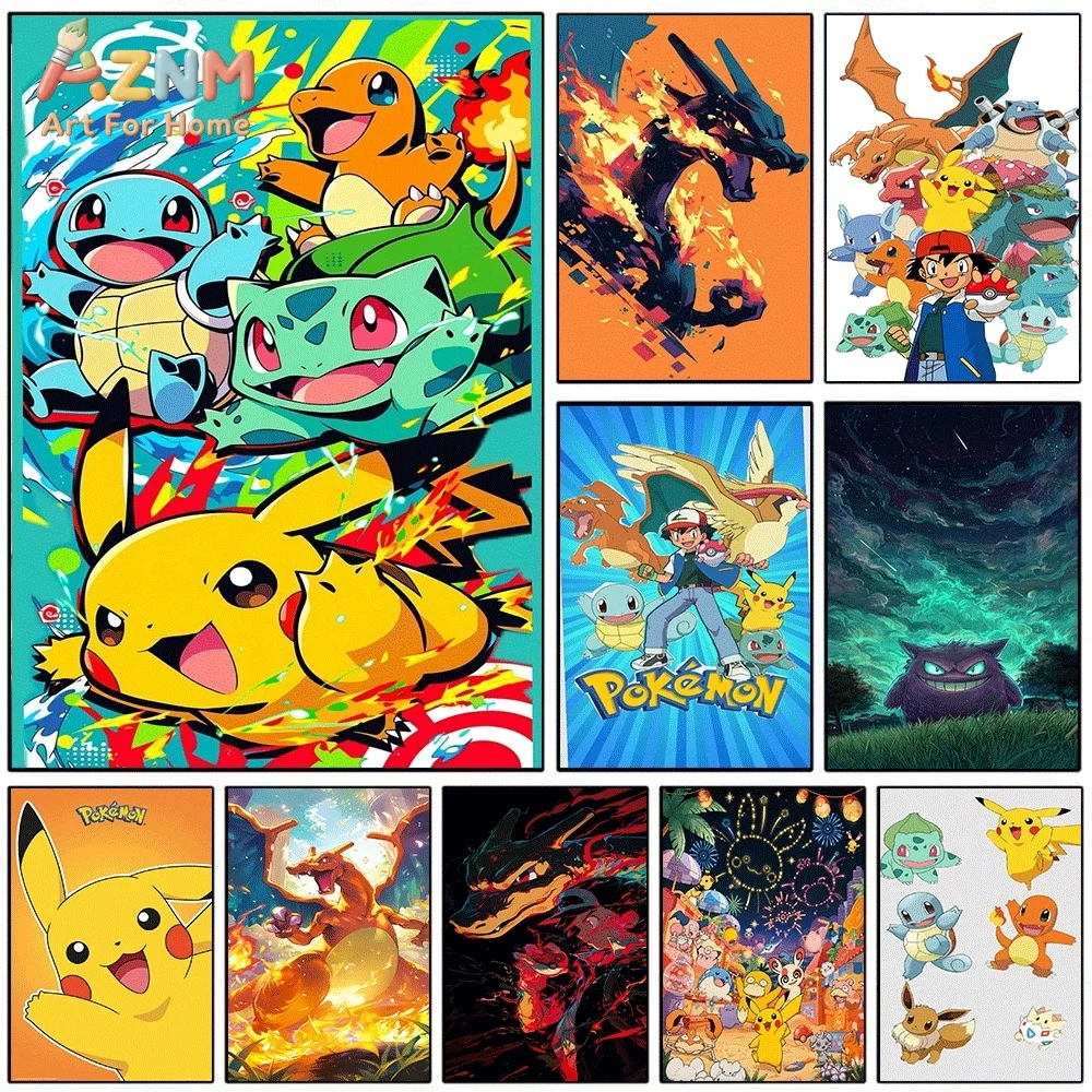 Vibrant Anime Pokemon Pikachu Starter Characters Canvas Wall Art, Colorful Cartoon Frameless Canvas Painting for Kids Room Liv