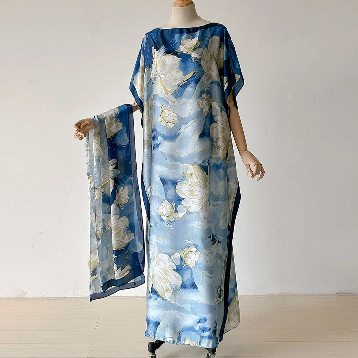 New Dubai Abaya for Women Summer Short Sleeve Dress Stamping Loose Lady Maxi Islam African Dress with Big Scarf Robe Turban Suit