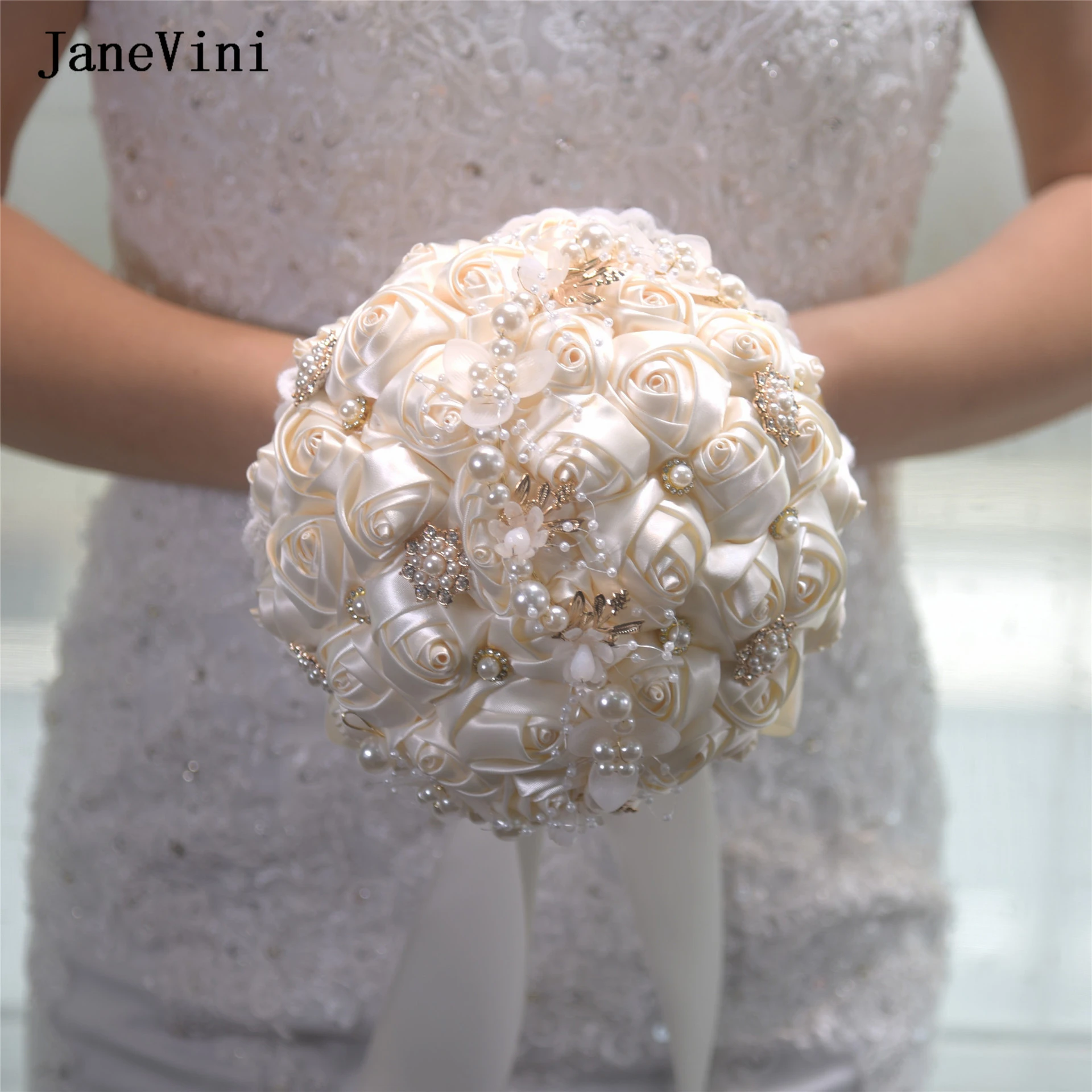 JaneVini New Stunning Wedding Flowers Ivory Bridesmaid Bridal Bouquets Pearls Artificial Satin Roses Bride Wedding Bouquet Cheap