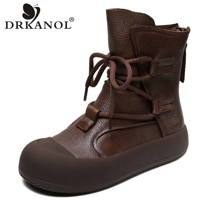 DRKANOL Handmade Retro Roman Ankle Boots For Women Genuine Leather Chunky Platform Back Zipper Comfort Trend Casual Short Boots