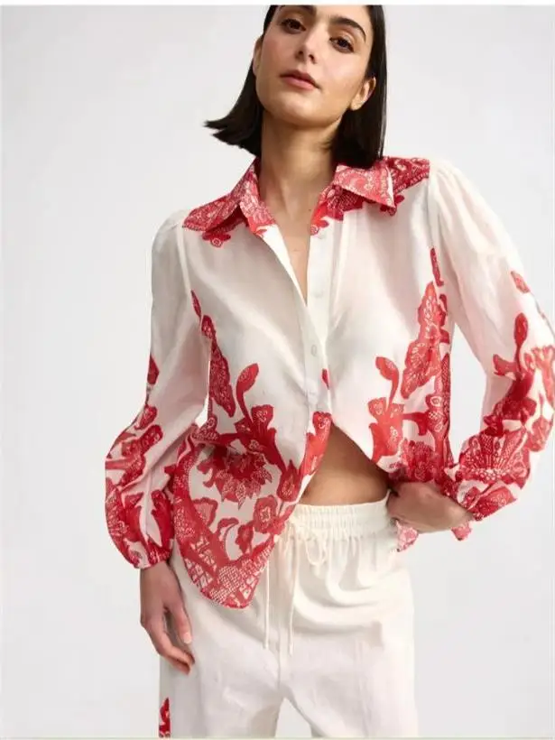 Fashionable Linen Print Long Sleeve Open Cardigan And Pants Two-Piece Set for Women Casual Wear Summer 2026 H Version