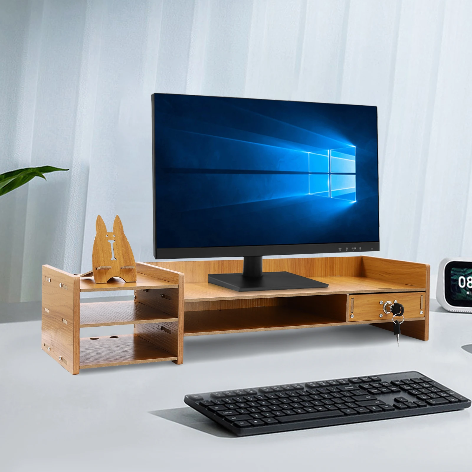 

Computer Monitor Stand with 2 Keys and Phone Holder for Study, Office, and Desk for Storing Computer Monitors, Files, Notebooks