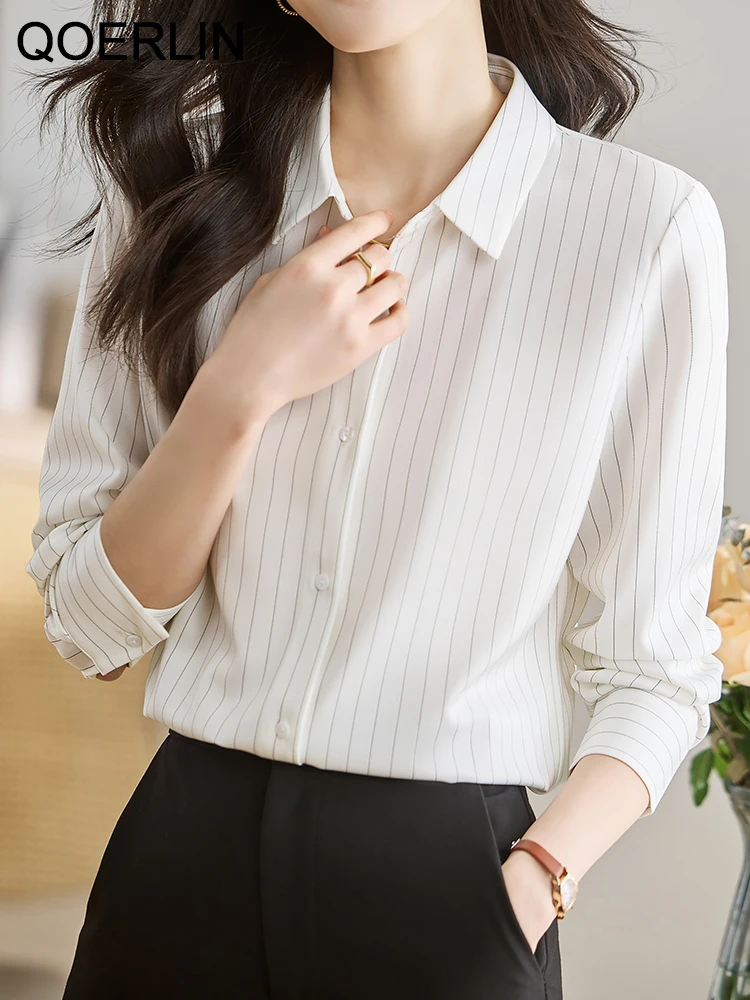 QOERLIN Elegant Striped Tops White Shirts Office Ladies Turn-Down Collar Long Sleeve Button Up Blouse Office Korean Fashion