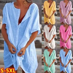 2024 frauen Baumwolle Leinen Strand Kleid Solide Sommer Casual Abdeckung-ups Midi Kleider Weiche Lose Tuniken Weibliches Hemd kleid Robe S-5XL