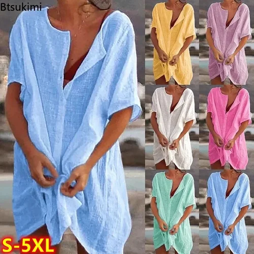 2025 Vestido de playa de lino y algodón para mujer, vestidos por debajo de la rodilla informales lisos de verano, túnicas holgadas suaves, vestido camisero para mujer, bata S-5XL