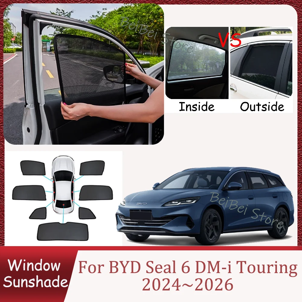 

Для BYD Seal 6 DM-i Touring 2024~2026 2025: Магнитные сетчатые солнцезащитные шторки для боковых окон, защита от солнца, аксессуары для интерьера автомобиля