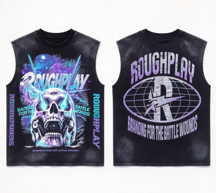 2026 new Washed tank top, double-sided print of electric skull nebula and globe logo, American punk retro loose fit.