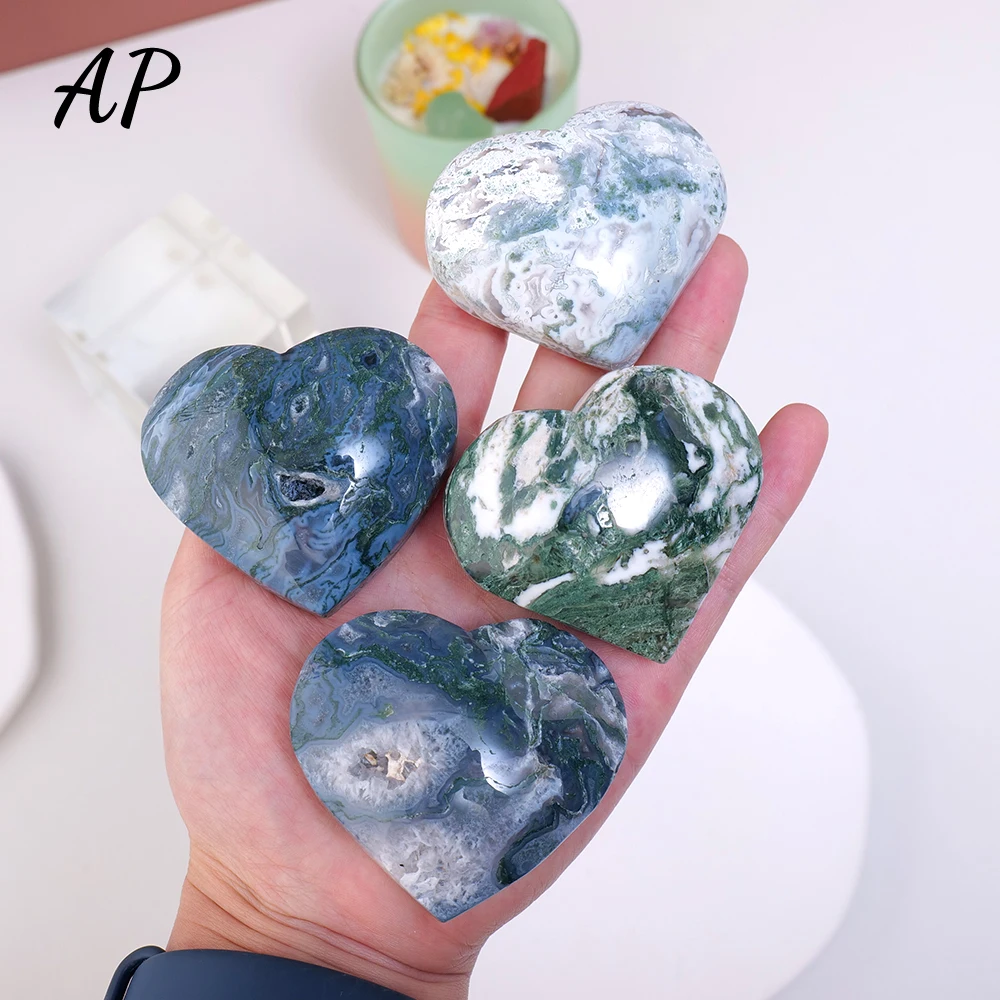 

1PC Natural Stone Carved Crystal Moss Agate Heart Shape Carving Healing Stone Green Moss Agate Love Statuette Home Decoration