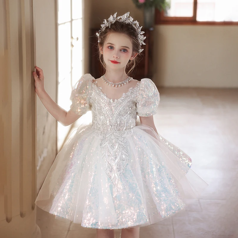 

Белое платье принцессы с цветочным узором для девочек, изысканные платья для выпускного вечера с жемчугом и круглым вырезом, детские платья для выступлений с короткими рукавами и блестками