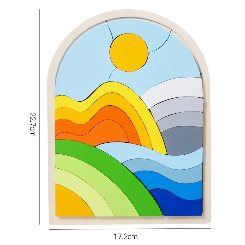 Wooden 3D creative puzzle, three-dimensional shaped blocks, rainbow/hill/flower scenes, Montessori Early Learning 2-6 years old