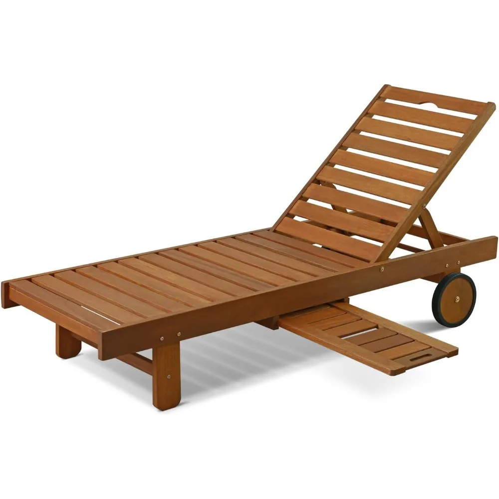

Tioman Outdoor Hardwood Patio Furniture Sun Lounger with Tray in Teak Oil, Natural 23.52D x 70W x 12H in