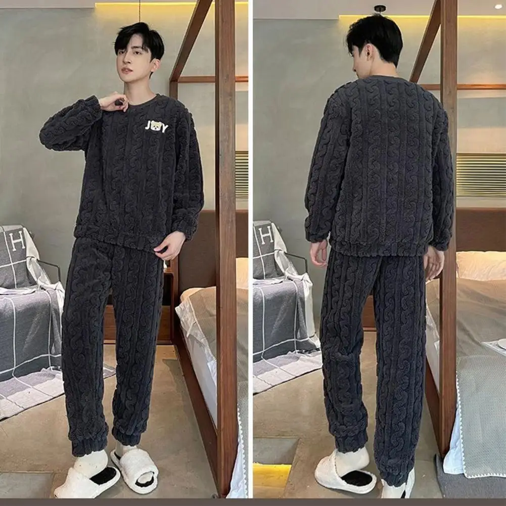 Thickened Homecoat Set Solid Color Pajama Set Men's Winter Pajamas Set with Round Neck Long Sleeve Thick Twisted Texture for Men