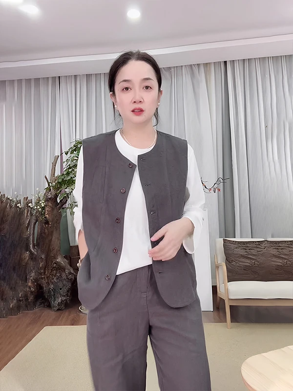 

Ladies' Linen Vest Jaet Casual Vintage Sle Spring 2026 New Arrival Comfortable Fit round Ne Single Button Closure FSY50867