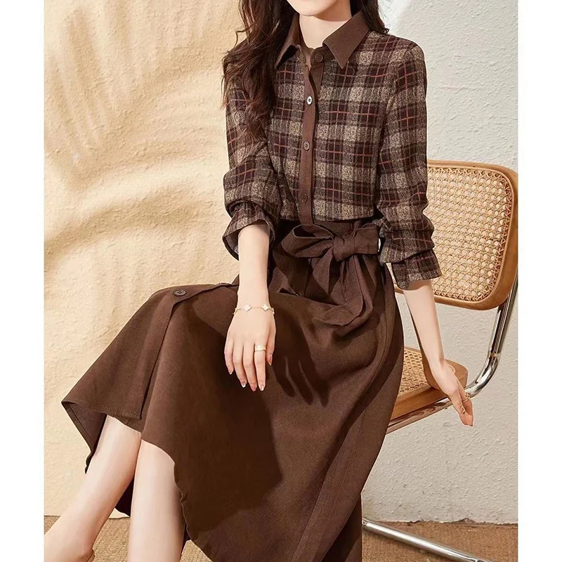 Spring Autumn Elegant Fashion Vintage Plaid Patchwork Print Waist A-line Dresses Ladies Long Sleeve Belt Temperament Midi Dress