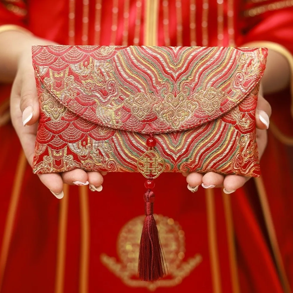 Traditional Spring Festival Red Envelope Embroidered Tassel Lucky Money Packet Polyester Thickened Wedding Hongbao