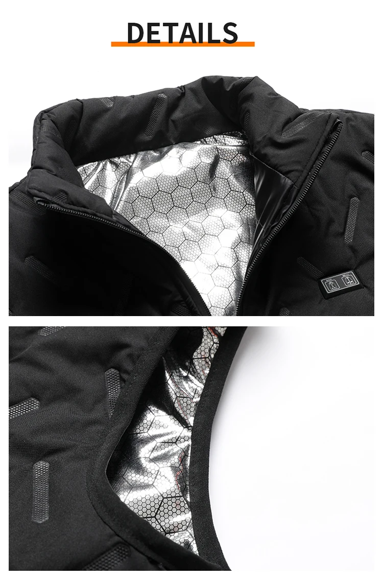 Unisex-Heizweste mit Stehkragen und Reißverschluss, 9 Heizzonen, USB-betriebene elektrische Heizweste, 3 Temperaturstufen, winddicht, leicht. – Detail 17