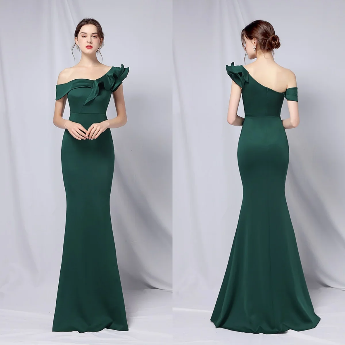 

Evening Dresses Green Stretchy Off the Shoulder Ruffles Zipper Back Mermaid Trumpet Floor Length Women Party Formal Gowns YE001