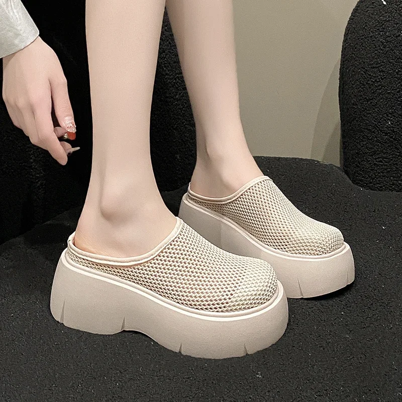 Siateczkowe buty na obcasie damskie klapki koturny sandały na platformie 2024 letnia sukienka czółenka na pasku marki Mujer Zapatos slajdy