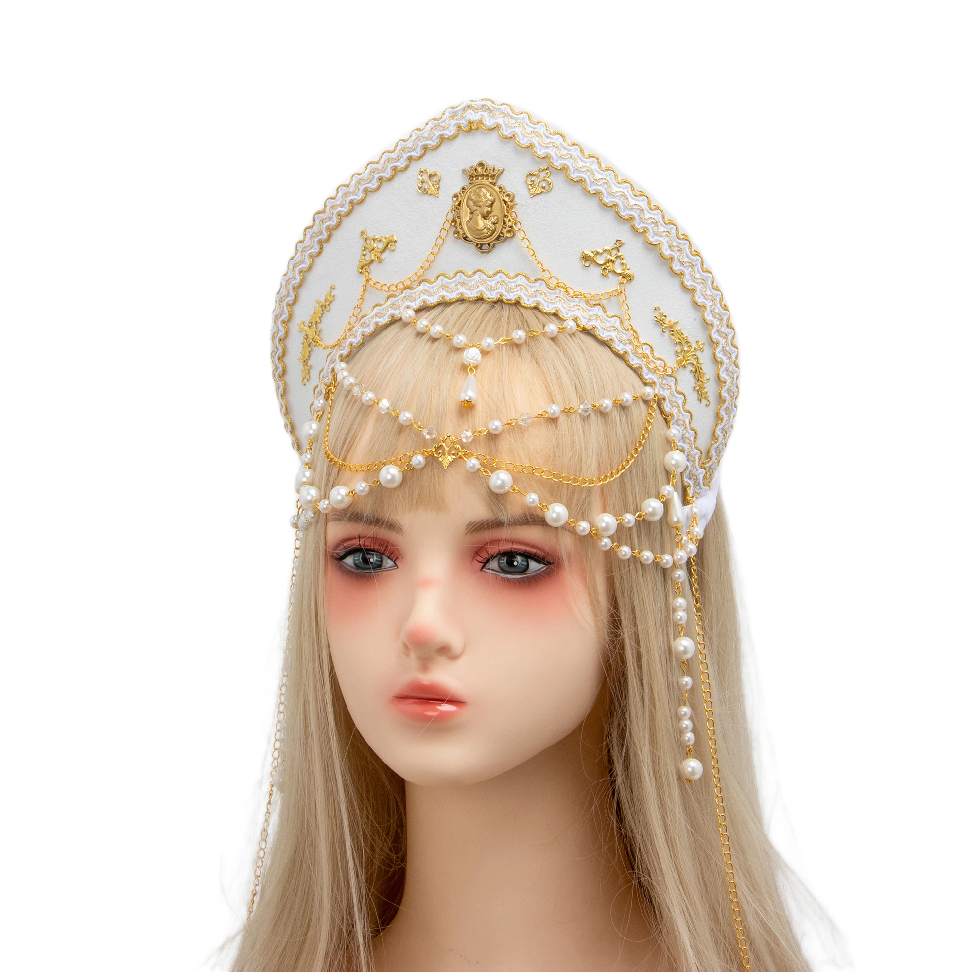 Lolita Girl Gothic Beads Chain Tudor Crown Hood Coronet Headpiece Elizabethan Renaissance Goddess Royal French Tiara Headband