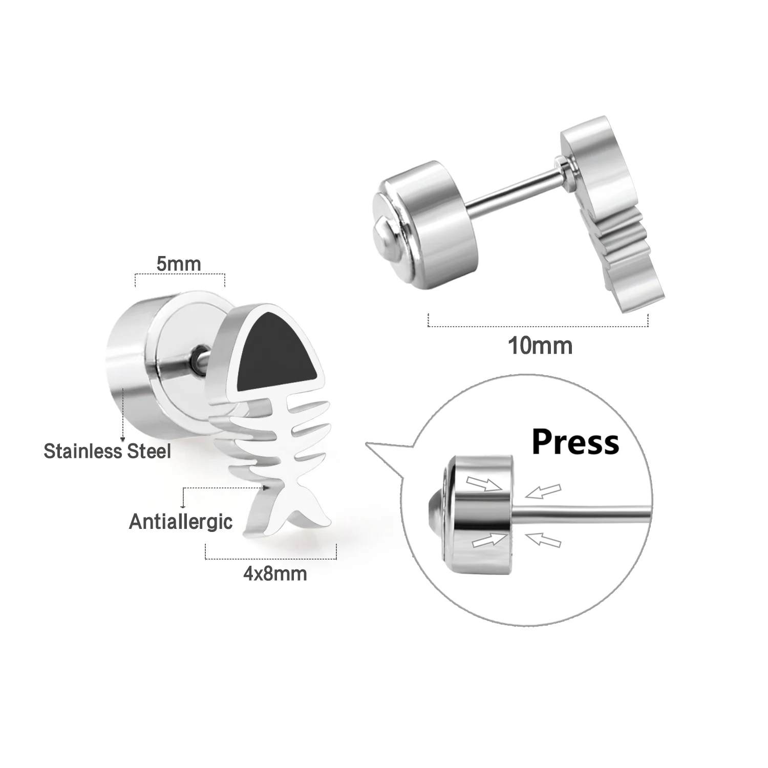 Fish Bone Stud Earrings Stainless Steel Anti-allergy Press Back Cartilage Earring Fashion Punk Ear Jewelry for Men Women