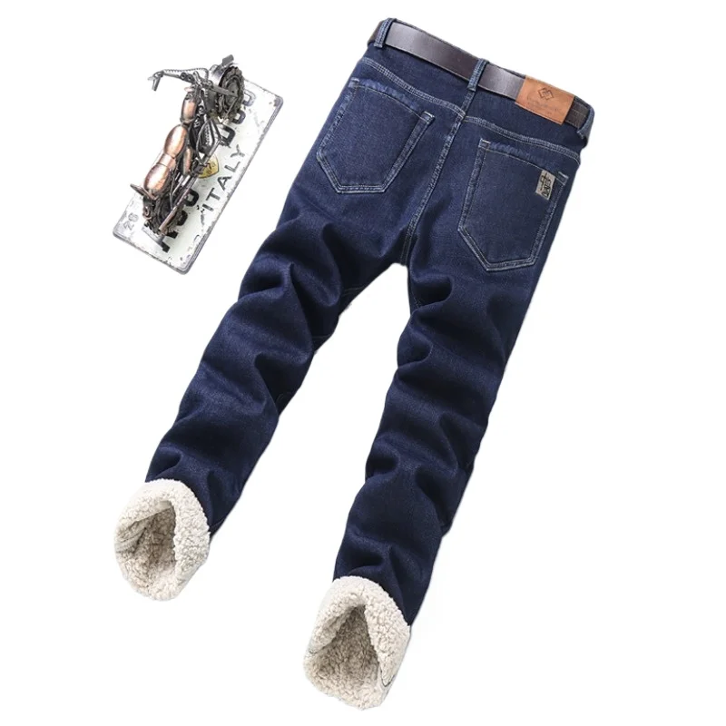 

Winter Wool Velvet Men's Jeans Fleece Thickened Straight Mid-waist Business Casual Comfortable Thermal Straight Denim Trousers