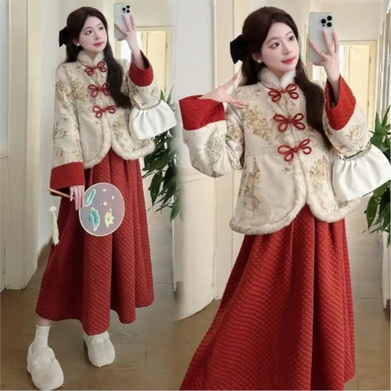 

2025 New Arrival Pregnant Women's Dress Autumn/Winter Thick Red Coat Maternity New Chinese Style Dress Coat 2-piece Set LI209