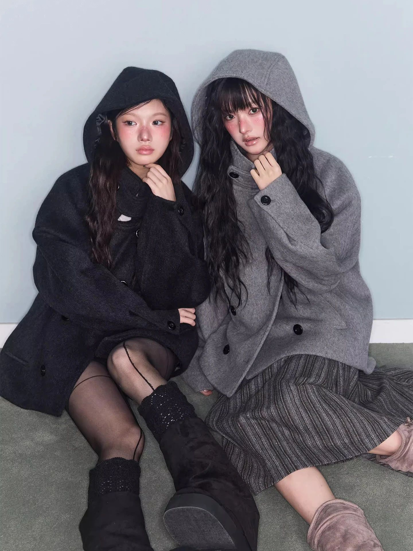 

Women's College Sle Hooded Stand Collar Double Breasted Color Woolen Coat Winter New Arrival Double ket Coat