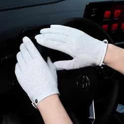 Men Women's Hollow Out Natural Sheepskin Leather White Glove Female Fashion Genuine Leather Breathable Thin Driving Glove R1919