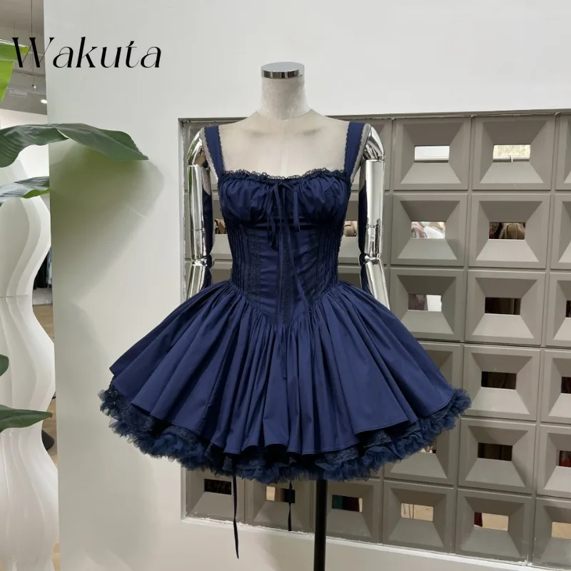 

WAKUTA French Style Fashion Ball Chic Waist Cinching Lace Up Fluffy Dress Sexy Ballet Vacation Retro Y2K Fairy Dress Streetwear