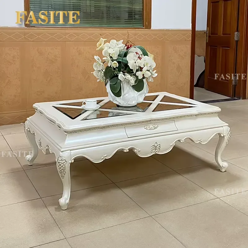 European-style Solid Wood Coffee Table Side Table, Carved in White, Italian Design Living Room and Hotel Furniture with