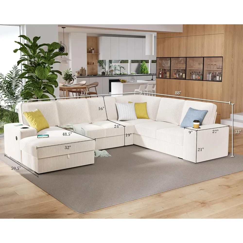 Oversized Sofa,with Storage Chaise, Sectional Sofa Couch with USB Ports & Cup Holder, Corduroy Couch,U Shaped Couch