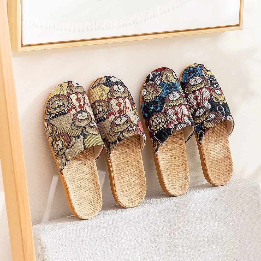 

2025 Summer New Arrival Little Bear Fabric Linen Home Slippers for Women Indoor Soft Botton Comfortable Floor shoes