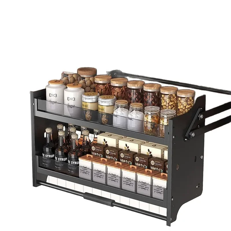 Aluminum alloy kitchen wall cabinet lifting pull-out basket cabinet upper and lower buffer door type seasoning type pull-down