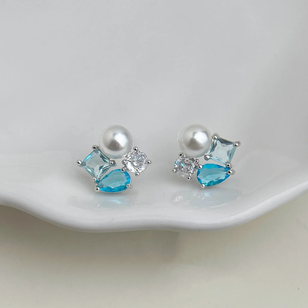 Blue Teardrop Square Cubic Zirconia White Imitation Pearl Cluster Earrings Dainty Ocean Color Jewelry Gift for Women