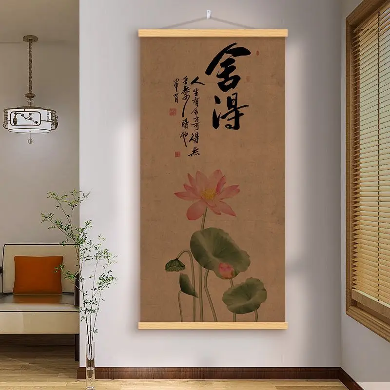 Lotus Calligraphy Wall Painting Home Decor, Chinese Zen Ink Art for Living Room, Study Room, Corridor, Vintage wall hanging - Detail 1