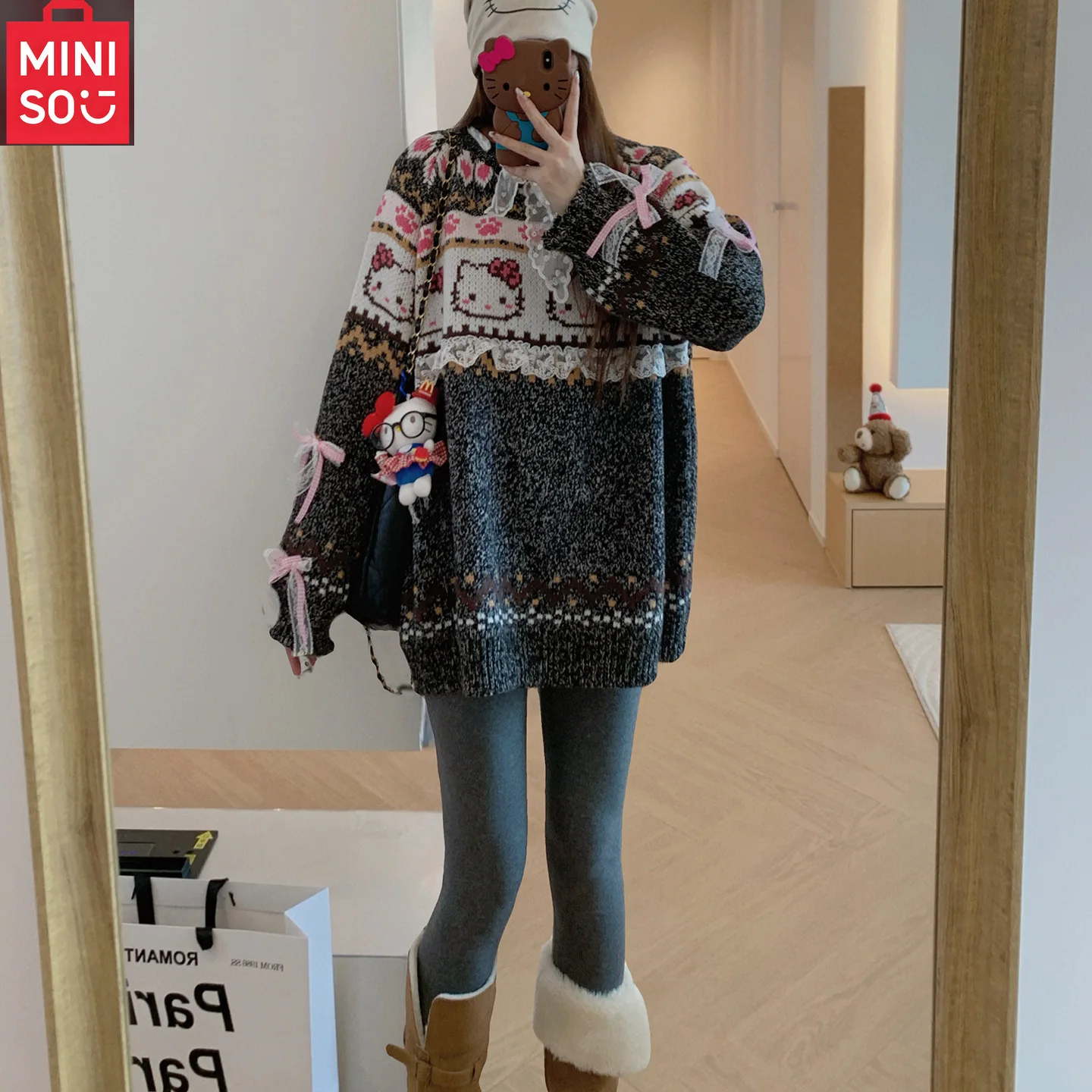 MINISO Hello Kitty pull à capuche brodé femmes nouvelle édition coréenne manteau tricoté en dentelle ample épais